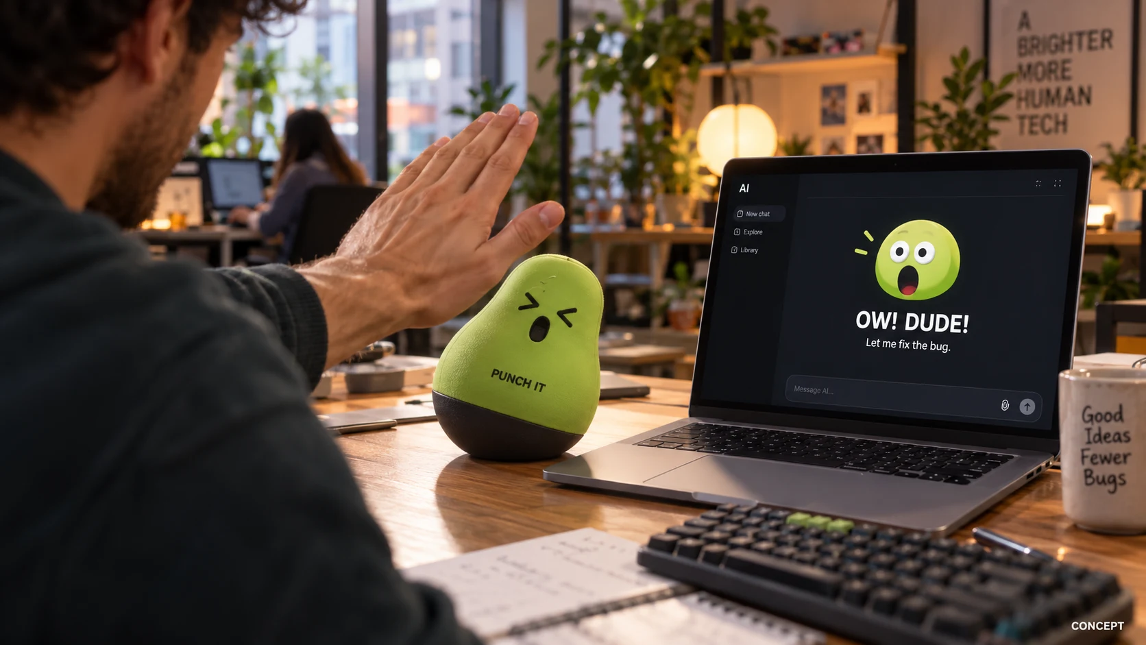 Punch It desk companion beside a laptop reacting to a slap